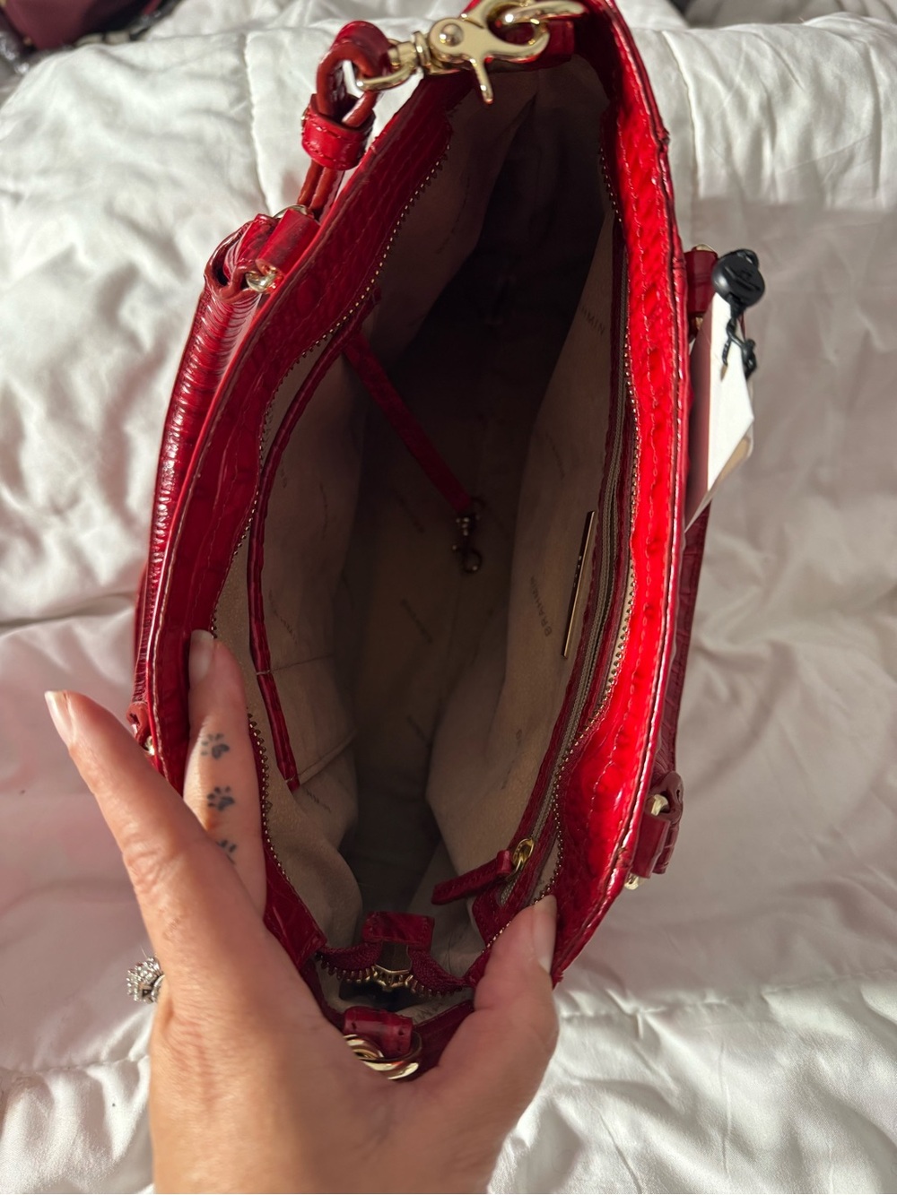 Brahmin Glossy Red Croc-Embossed Satchel with Gold Accents - Picture 3 of 6